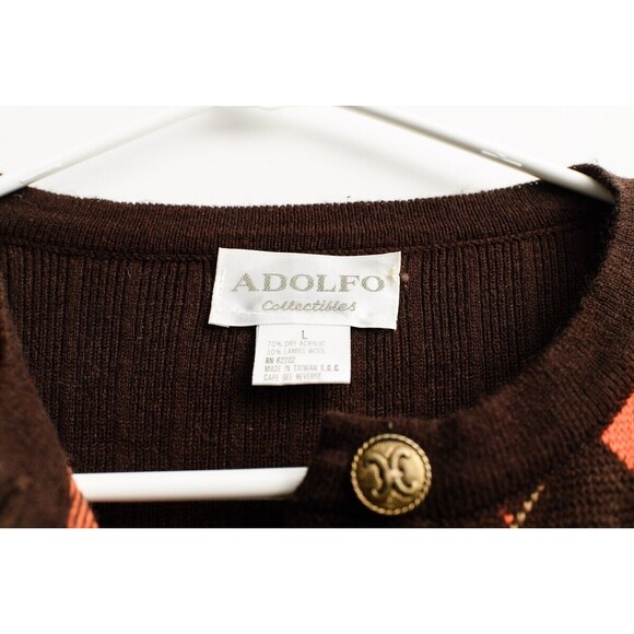 VTG 70's Adolfo brown orange tan argyle sweater button down women's cardigan - Picture 2 of 5